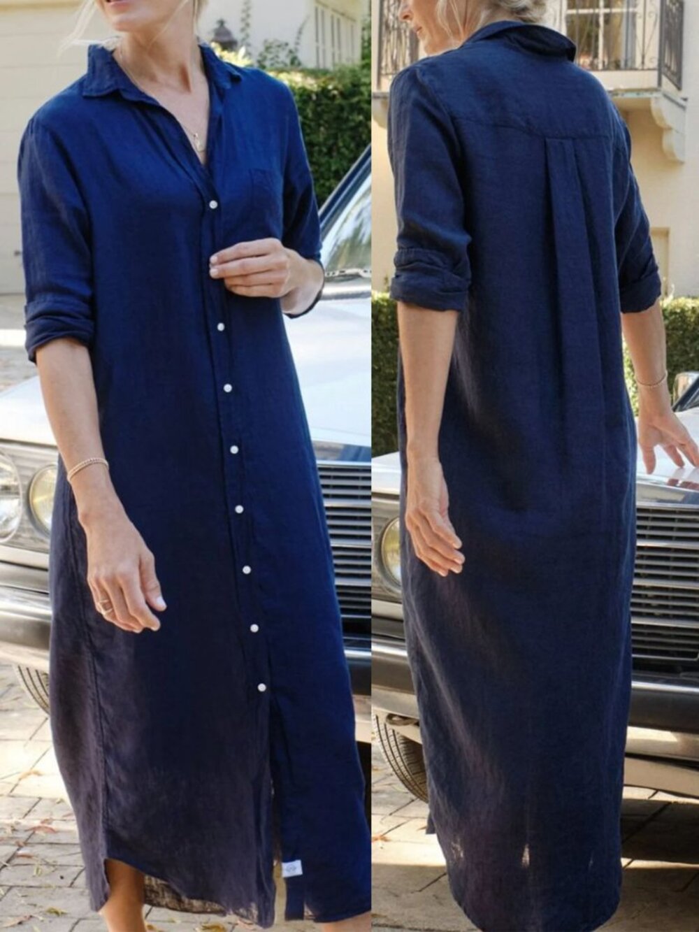 Frank & Eileen Rory Dress Navy Blue Washed Linen Maxi Shirtdress Size XL - Picture 10 of 10